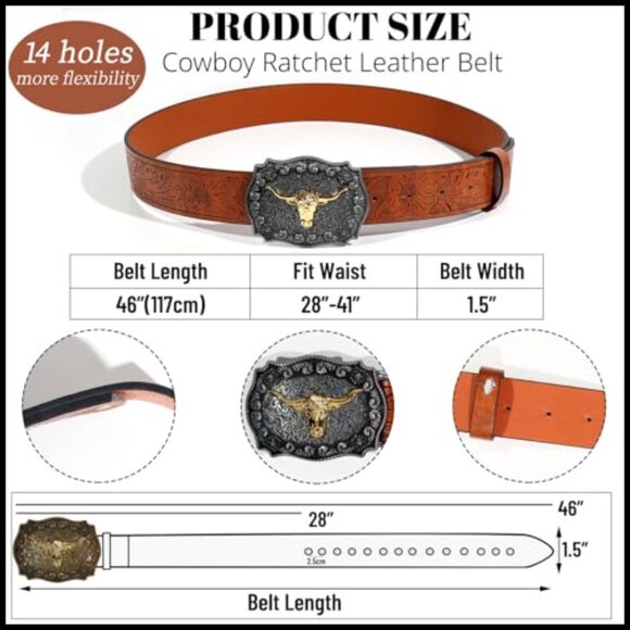 2-Pack Western Cowboy Belts PU Leather Gold Silver Buckle 28-41 Inch main image 4